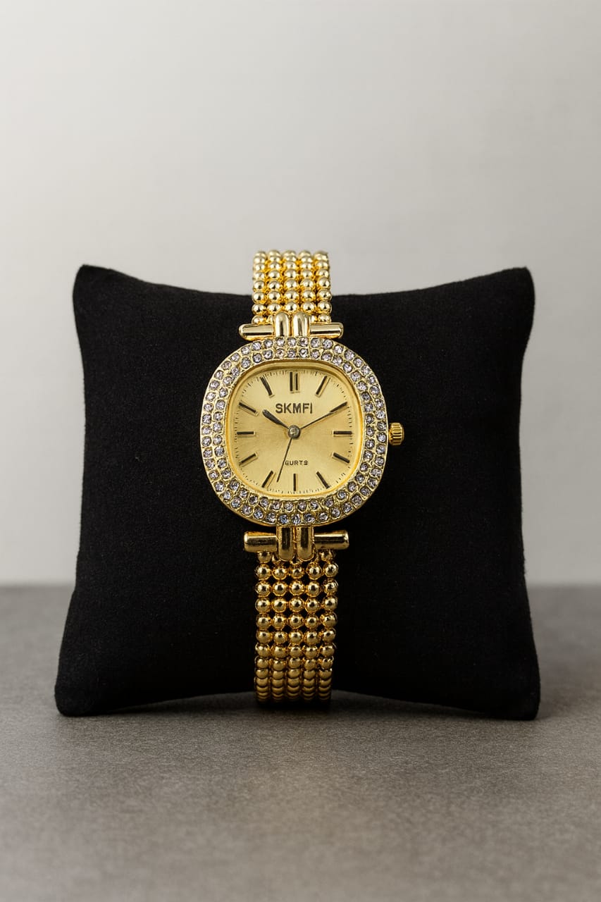 SKMFI Elegant Gold-Plated Ladies Wristwatch – Crystal Bezel