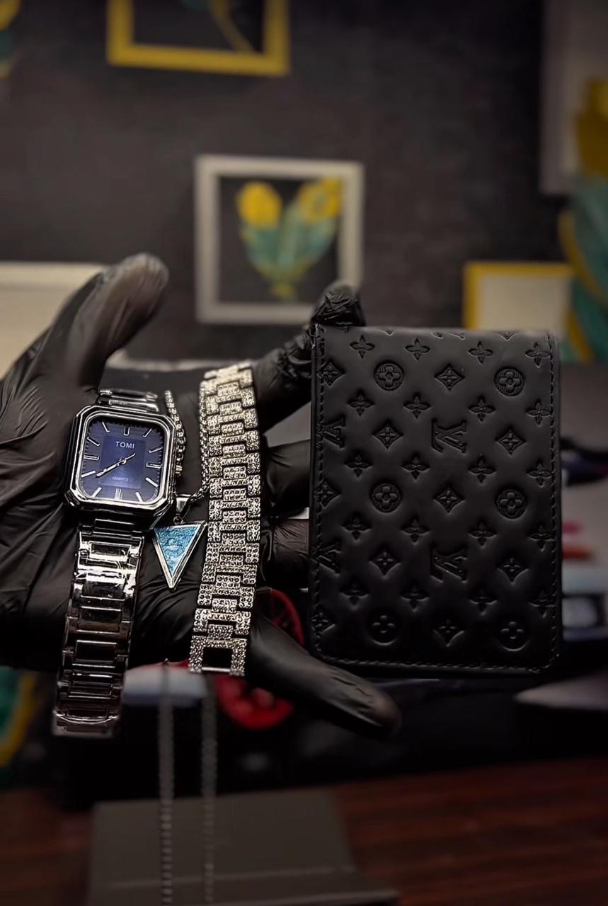 Luxury Black Edition Combo – Watch, Bracelet , Pendant Necklace & Premium Wallet Set